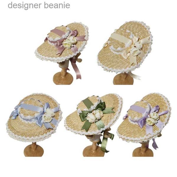 Chapéus de aba larga Bucket Chapéus Janese Lolita Doce Handmade Str Sun Hat Lace Patchwork Fita Bandagem Bowknot Aba Larga Elegante Tea Party Beach Flat D0LFL231212