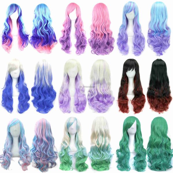 Perruques synthétiques Soowee 70cm de long curly coiffure synthétique Wig Wig Poiffeuse Blue Yellow Pink Rainbow Party False Hair Cosplay Wigs for Womenl231212