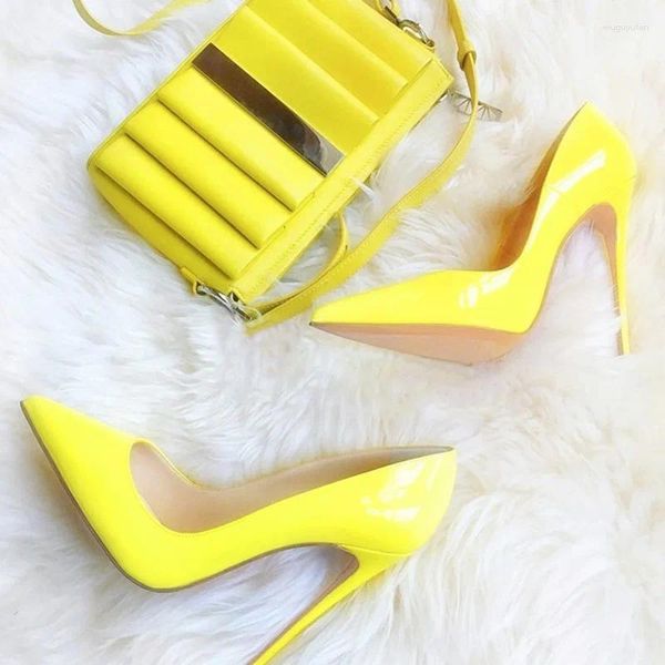 Sapatos de vestido amarelo patente couro salto alto 8 10 12cm Stiletto bombas apontou toe slip-on marca festa tamanho 45