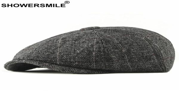 SHOWER Tweed Newsboy Cap Herren Wolle Herringbone Schiebermütze Winter grau gestreift männlich britischer Stil Gatsby Hut verstellbar20043859139753