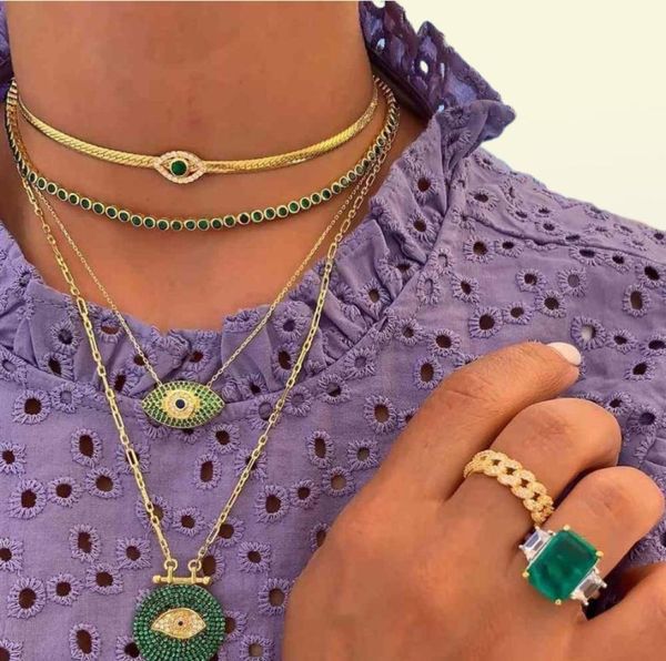 Collana con pendente di fascino del malocchio fortunato verde cz pavimentato per le donne signora Layered Chain Link Choker gioielli partito8703950