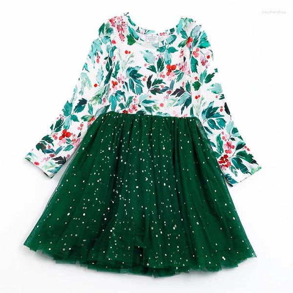 Mädchenkleider Girlymax Winter Baby Mädchen Weihnachten Floral Grün Twirl Knielange Kleidung Tüllkleid Langarm