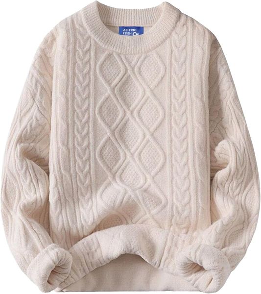 Suéter de malha Aelfric Eden Cable feminino vintage grosso creme suéter masculino tecido gola redonda pulôver de malha branco