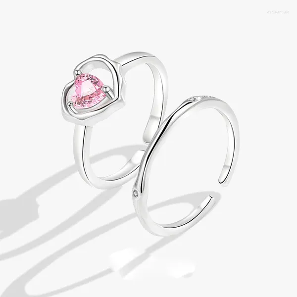 Ringos de cluster BF Club 925 Sterling Silver Ring For Women Pink Heart Stone Open