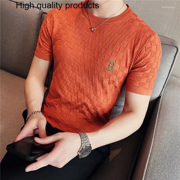 Herren-T-Shirts 2023 Britisch-Stil Sommer Freizeit Männer Kurzarm Strick-T-Shirts/männlicher schlanker Fit Plaid Sticker T-Shirts Strickpullover Strickpullover stricken