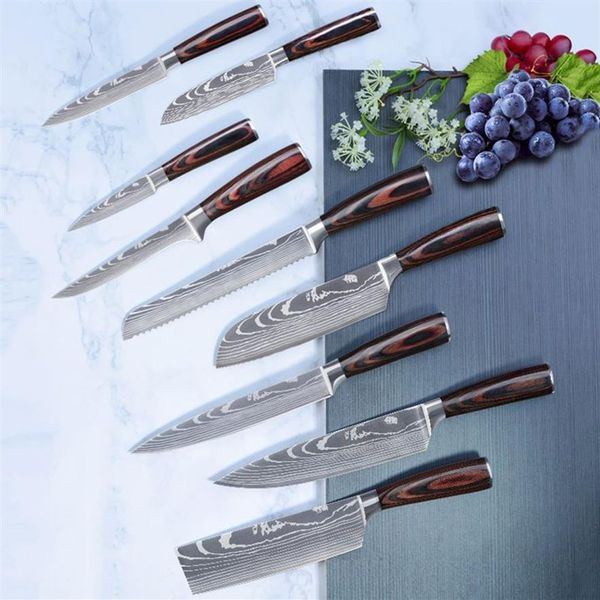 Chef LNIFE Set Professione Coltelli da cucina giapponesi Laser EAMASCUS Modello Sharp Santoku Mannaia Per affettare Utility Coltelli per disossare Cooki235v