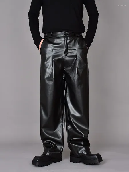 Erkek pantolonlar yüksek sokak karanlık departmanı kişilik niş tasarım rahat düz deri gevşek geniş bacaklı pantolon