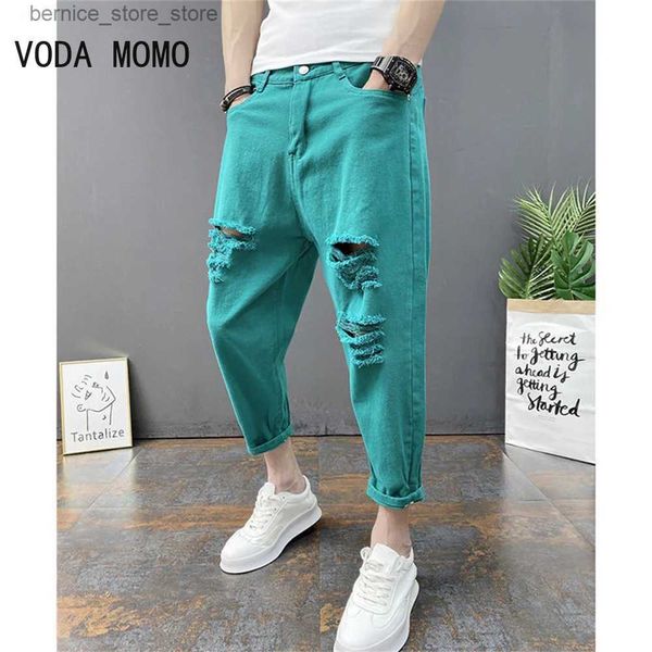 Jeans masculinos tendência japonesa novos homens rasgados buraco jeans branco verde preto tornozelo comprimento juventude moda solta denim harem calças de carga q231213