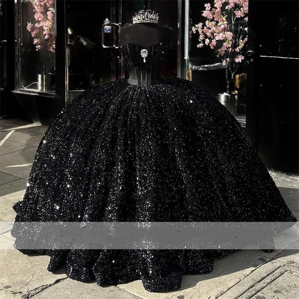 Vestido de bola de princesa preto brilhante Quinceanera glitter lantejas shinestones cristais vestidos doces espartilho vestidos