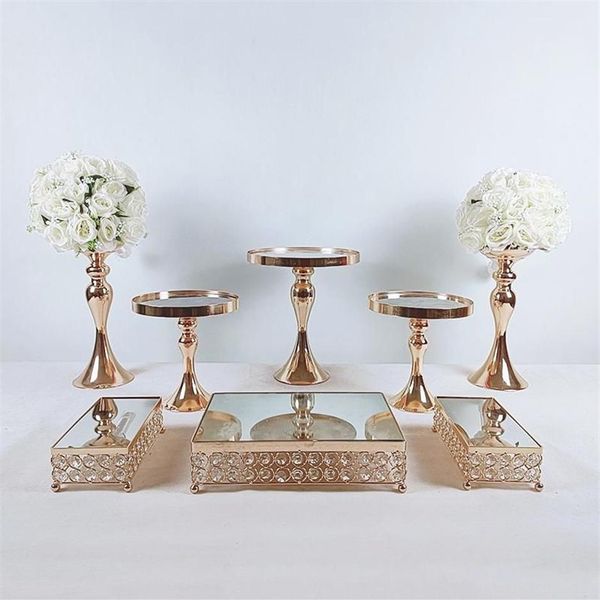 PCS Gold Electroplate Crystal Cake Stand Set Espejo Metal Cupcake Display Boda Fiesta de cumpleaños Plato de postre Rack Otros utensilios para hornear215r