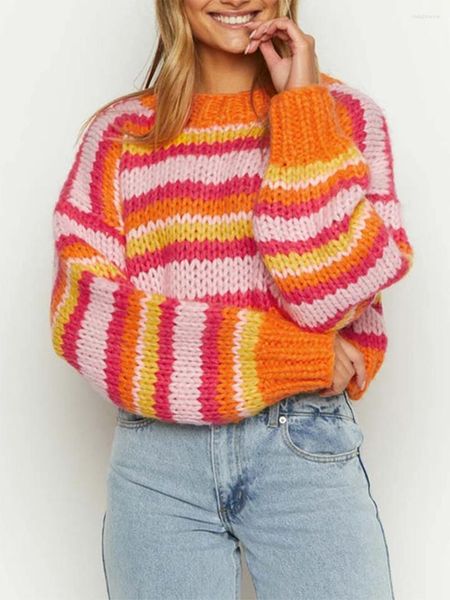 Suéter feminino feminino solto listrado suéter longo batwing manga colheita tops y2k recortado malha com nervuras pulôveres crochê laranja jumper