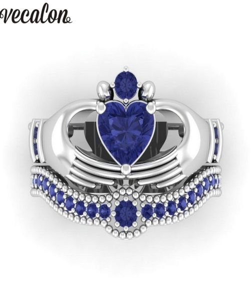 Vecalon Lovers Azul Birthstone claddagh anel 5A Zircon Cz Branco ouro cheio de noivado conjunto de aliança de casamento para mulheres homens Gift3324787