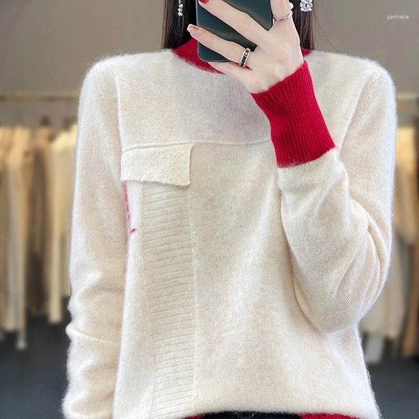 Suéteres femininos outono/inverno 2023 usar lã merino semi-tartaruga pescoço de malha pulôver cor combinando lazer quente topo