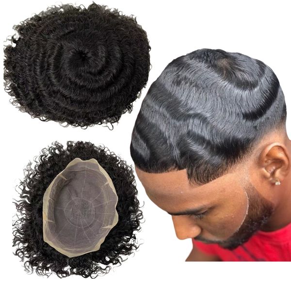 6 pouces de remplacement de cheveux humains vierges brésiliens 1 # 1b couleur noire 12mm vague pleine dentelle toupet pour hommes noirs