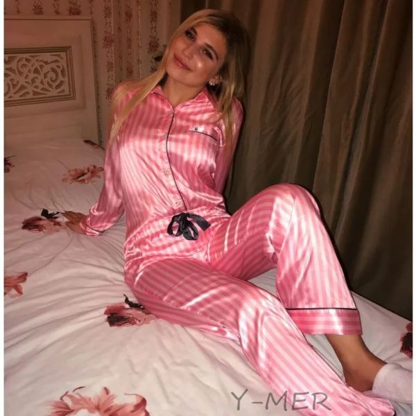 Sexy pijamas rosa listrado 2pcs pijamas conjunto feminino nightwear camisa calças de seda cetim lounge wear casa terno solto moda sleepwear 231211