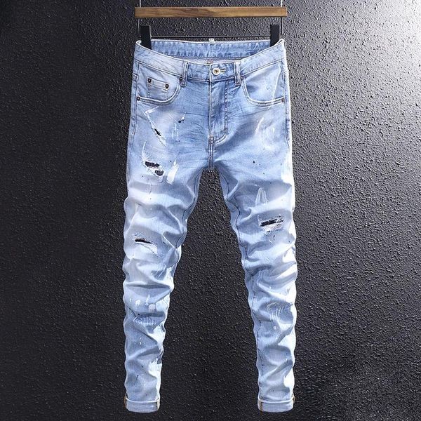 Erkekler kot caddesi moda erkekler retro açık mavi ince fit elastik delik yırtık streç pantolonlar boyalı tasarımcı hip hop pantolon
