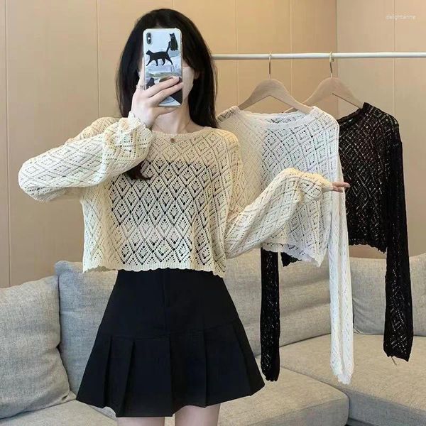 Damenpullover Lucyever Y2K Süße abgeschnittene Pullover Frauen Mode lose aushöhlen gestrickte Pullover weibliche solide dünne Sonnencreme Casual Tops