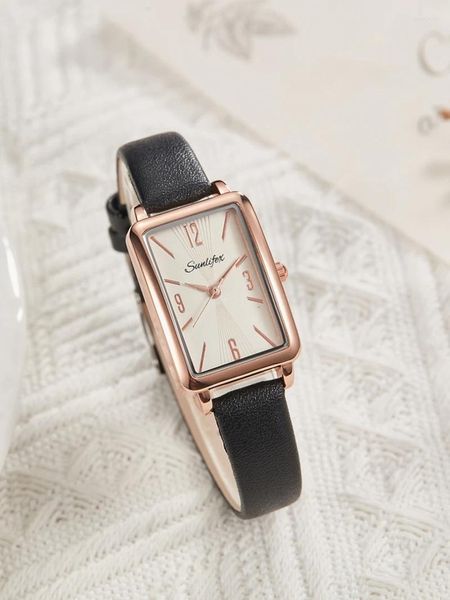 Relógios de pulso Mulheres Relógio Retângulo Quadrado Dial Quartz Relógio de Pulso Simples Minimalista Feminino Preto Rosa Strap Banda Relógio Senhoras Couro Reloj