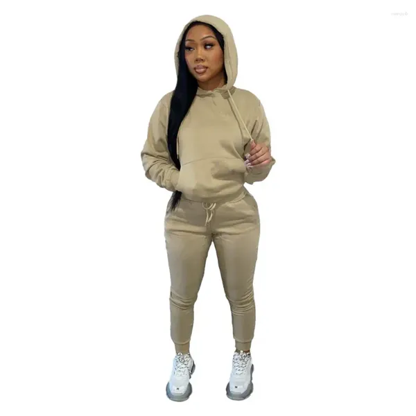 Hardloopsets Effen kleur Outfit Dames Herfst Winter Sweatshirt met trekkoord en capuchon Elastische taille Broekset Tweedelig met zakken Pasvorm