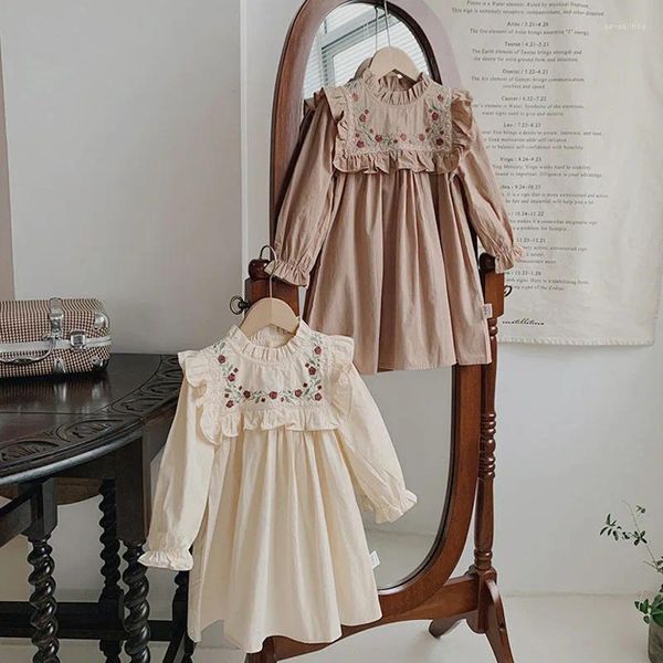 Mädchen Kleider Für Mädchen Mode Gestickte Blume Rüschen Spitze Langarm Kleid Nette Kinder Kleidung Süße Robe Princesse Fill