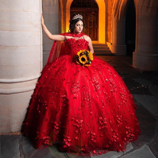 Abiti Quinceanera rossi lucidi con spalle scoperte Abito da ballo Appliques Fiori fatti a mano in pizzo Perline con mantello Dolce 15 Abiti da festa