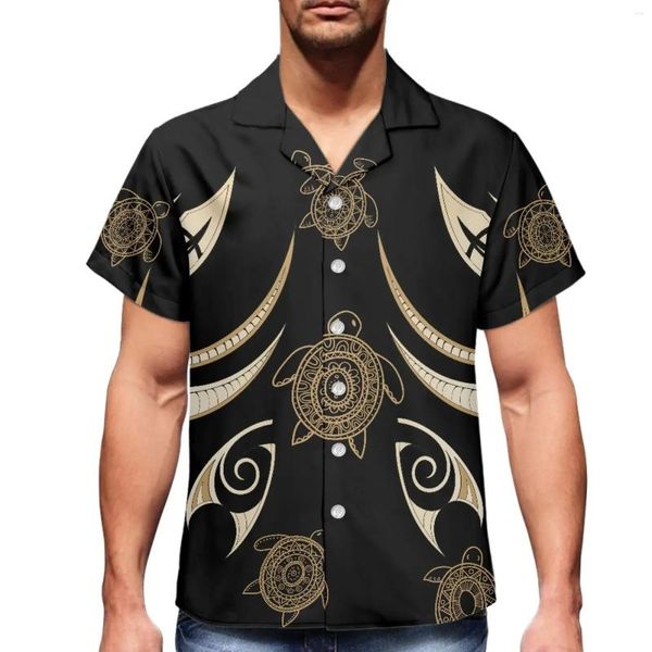 Camicie casual da uomo Camicia felpata estiva polinesiana con stampa tradizionale tatuaggio marrone hawaiano di lusso con scollo a V manica corta