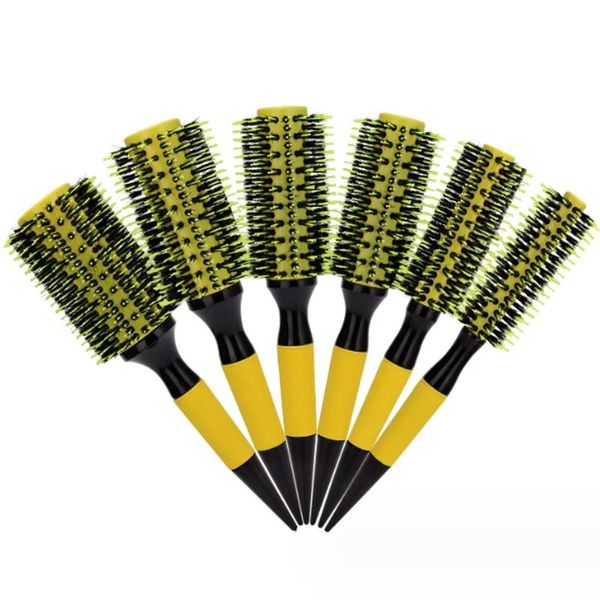 Escovas de cabelo profissional 6 pçs / set amarelo madeira lidar com cerdas de javali redondo pente de cabelo cabeleireiro escova de cabelo barbeiro salão de beleza ferramentas de estilo 231211