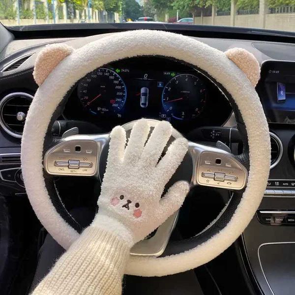 Novo inverno quente macio pelúcia urso dos desenhos animados orelha acessórios interiores do carro 38cm capa de volante handble
