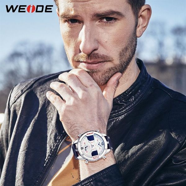 WEIDE Мужские модные спортивные повседневные кварцевые аналоговые цифровые часы с тремя часовыми поясами, кожаный ремешок, военные часы Relogio Masculino272d