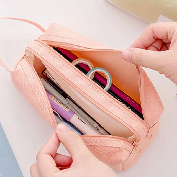 Estojo com zíper de alta capacidade, bolsa portátil para lápis, cores doces, estudo, armazenamento de papelaria, material escolar de escritório