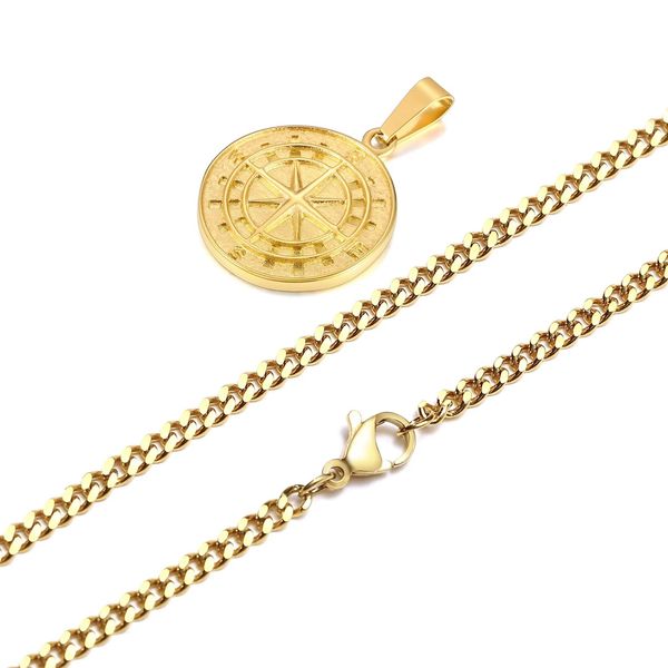 Goldfarbene Herren-Kompass-Halsketten, Vintage-Wikinger-Nordstern-Anker-Medaille, Anhänger aus 14 Karat Gelbgold für männlichen Vater und Freund 8415