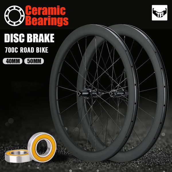 Ruote per bici RYET Set di ruote da strada in carbonio Dis Brake Ceramic Tubless Thru Axle 700c Copertoncino a raggi 1423 Parti di biciclette da ciclismo 231211