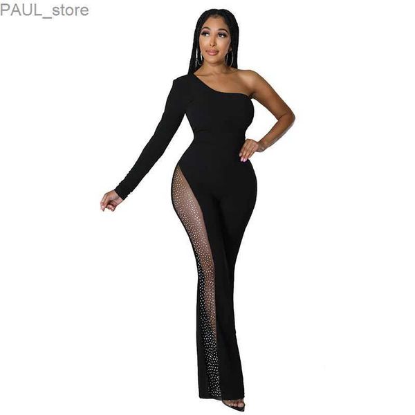 Damen Jumpsuits Strampler Pailletten Overall Neu Damen Schwarz Enger Jumpsuit Elegant Sexy Party Club Party Mode Hohe Taille Slim Fit One Shoulder SleeveL231212