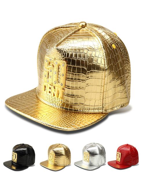 2017 Lusso 50Cent Berretti da baseball Ecopelle Oro Strass Coccarda Coccodrillo Strapback Cappelli Hip Hop DJ Rap Cappelli Uomo Donna Regalo7261465