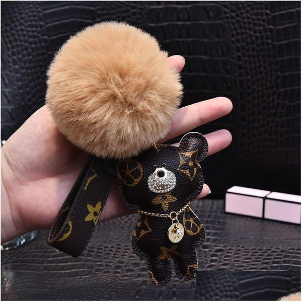 Portachiavi Gatto Orso Pompon Catena Accessori Moda Strass Anello Pu Pelle Teddy Portachiavi Auto Fibbia Borsa Gioielli Fascino Animale Keyr Dhb2T