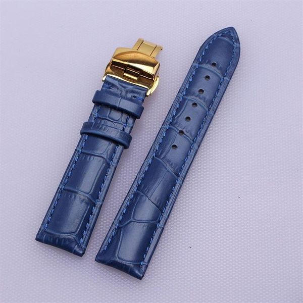 Pulseira de pulso acessórios jacaré grão couro genuíno azul pulseiras relógio 14mm 16mm 18mm 20mm 22mm fivela borboleta new264g