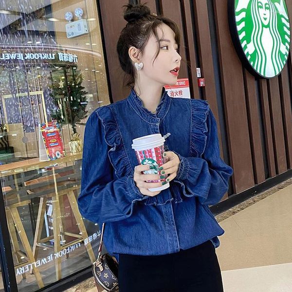 Camicette da donna Camicia di jeans Primavera Autunno Fondo Top Design Senso Piccole maniche lunghe 2024 Blusa Feminina Jeans Cappotti