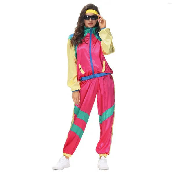 Pantaloni a due pezzi da donna Tuta per adulti anni '80 Giacca a vento retrò hip-hop Abiti da discoteca Colorblock Top e abiti a maniche lunghe