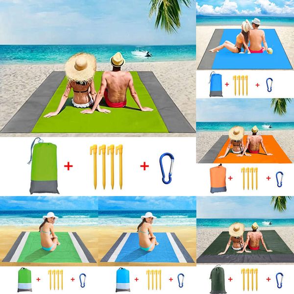 Neue Outdoor-Pads, 200 x 210 cm, großes Strandtuch, Anti-Sand-freie Strandmatte, Anti-Sand-Stranddecke, Taschen-Picknick, 4 Anker, Wind verhindern, sanddichte Matte