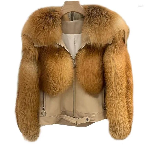 Женская кожаная женская роскошная куртка с мехом, зимняя толстая теплая натуральная дубленка с большим воротником и полным мехом