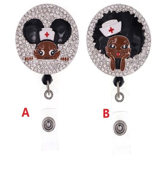 Новейшие стильные брелоки для ключей Black Girl со стразами, выдвижной держатель для удостоверения личности для аксессуаров для имени медсестры, катушка для значков с зажимом из кожи аллигатора7744188