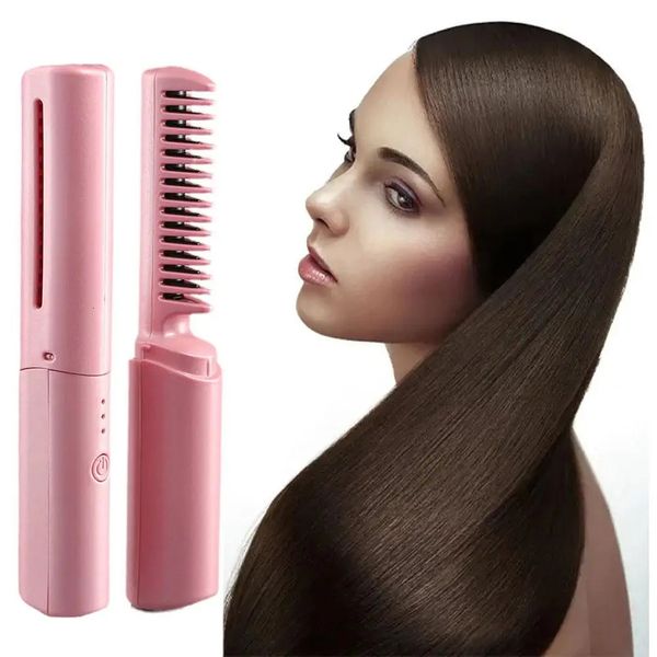 Alisadores de cabelo 2 em 1 sem fio mini alisador de cabelo pente carregamento USB portátil viagem cuidados rápidos ferramentas de cabelo estilo de cabelo rolo reto duplo 231211