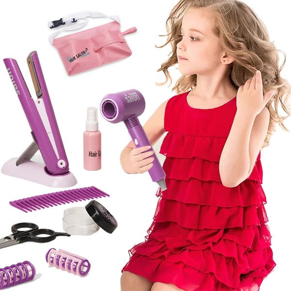 Bellezza Moda Bambini Giocattoli Giochi di finzione Parrucchiere Gioco di simulazione dei capelli Strumenti per lo styling dei bambini Asciugacapelli Bigodino Kit per il trucco per ragazze 231211