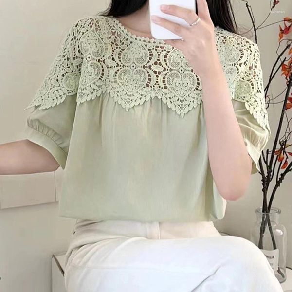 Damenblusen Sommer Spitze Patchwork Süße Bluse Lässige Frauen Haken Blume Hohlhemd 2023 Lose Kurzarm Mode O-Ausschnitt Tops Blusa