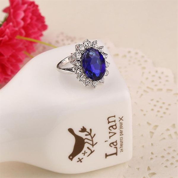 Conjunto de anel de safira azul de noivado, princesa britânica de luxo completo, princesa Diana William, sólido puro 304B