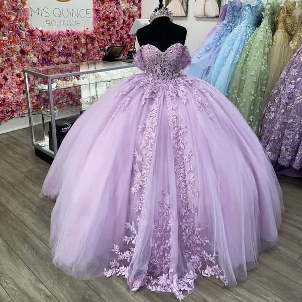 Lavanta Parlak Quinceanera Elbiseler 2024 Balo Gown Aplike Dantel Balo Partisi Tatlı 16 Yıllık Kız Doğum Günü Partisi Vestidos 15 Anos Prenses