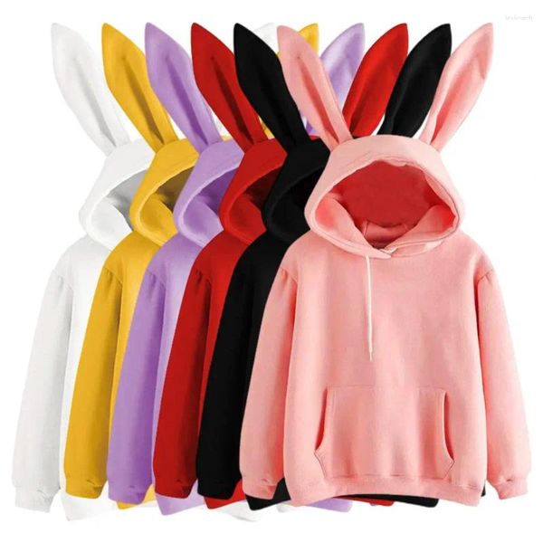 Hoodies femininos outono inverno mulheres kawaii orelhas moda com capuz cores casuais cor sólida moletom quente para