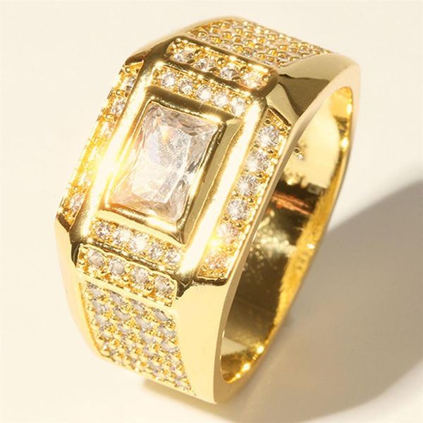 Tamaño del anillo de los hombres 13 Iced Out Micro pavimentado 18 k oro amarillo lleno clásico hombres guapos banda de dedo joyería de compromiso de boda Gi238N