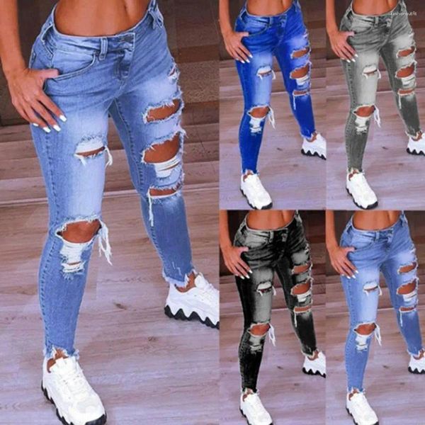 Damen-Jeans, stilvolle Bleistifthose, atmungsaktiv, hautfreundlich, schmale Taschen mit zerrissenen Löchern