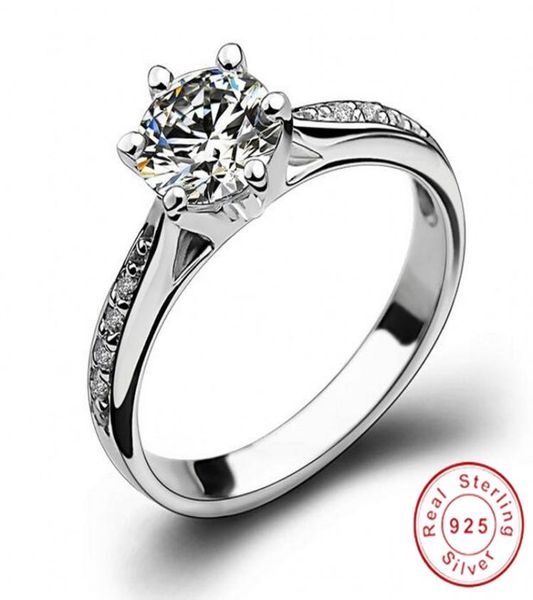 Mais vendido jóias de luxo artesanal real 925 prata esterlina corte redondo branco topázio cz diamante solitaire feminino casamento anel de noiva 6288539